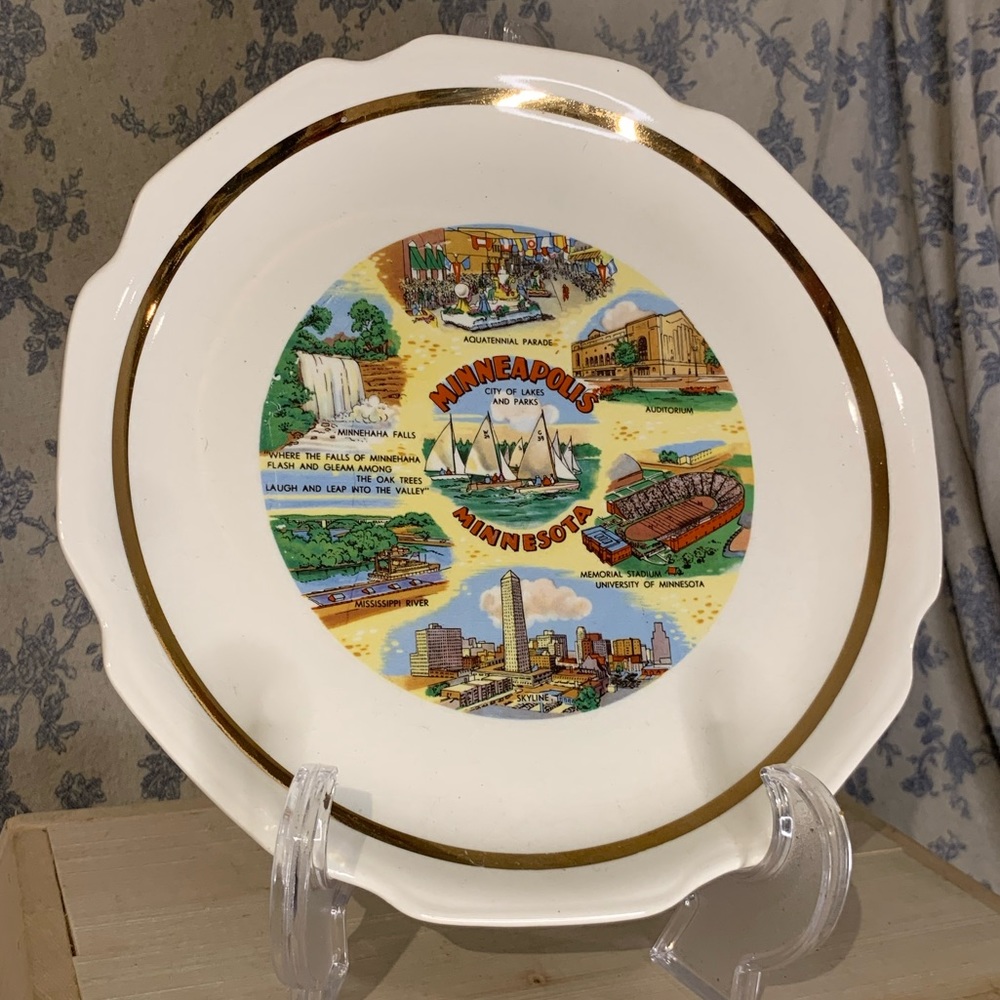 VTG Minneapolis Minnesota Collector Souvenir 9" State Plate Gold Trim